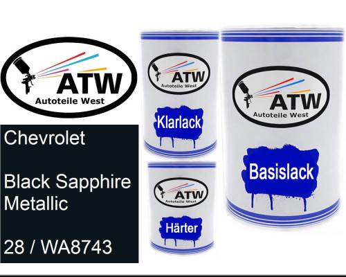 Chevrolet, Black Sapphire Metallic, 28 / WA8743: 500ml Lackdose + 500ml Klarlack + 250ml Härter - Set, von ATW Autoteile West.